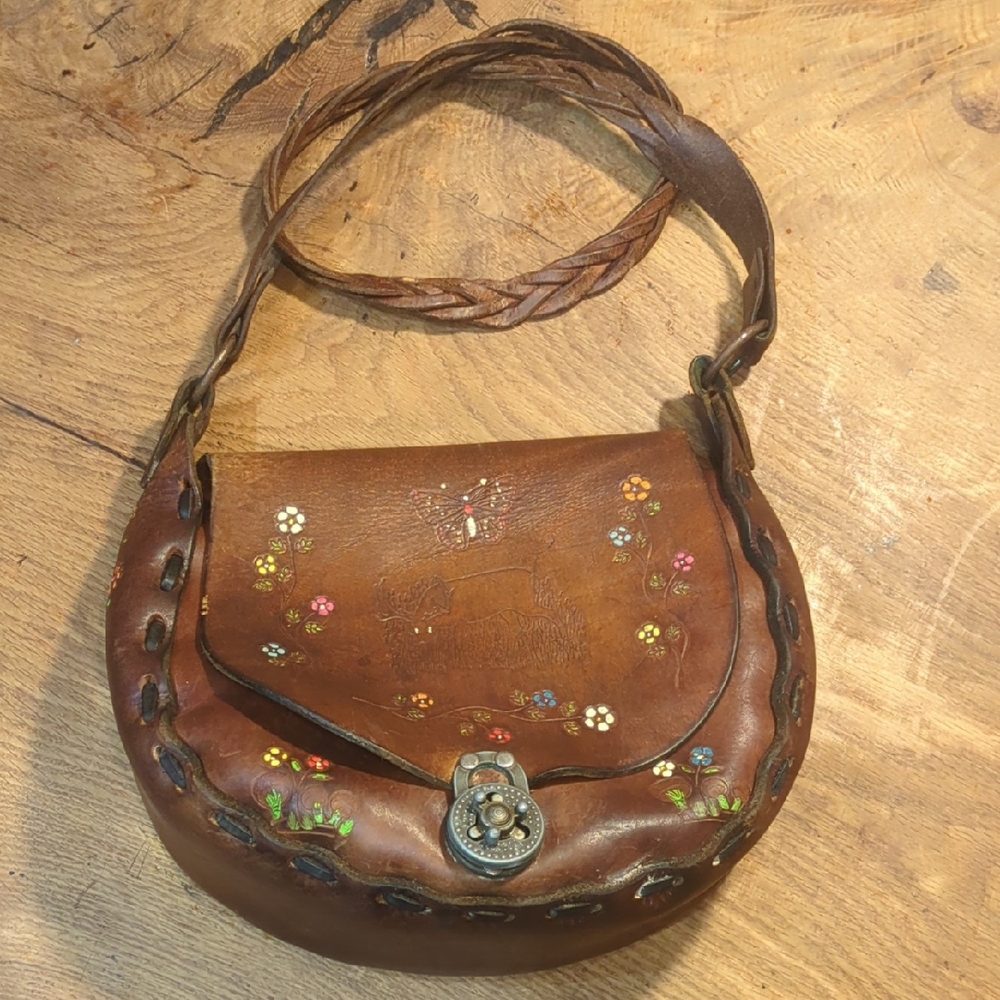 Vintage Tooled Leather Shoulder Bag - Thick Handmade w/ Floral & Animal Emboss
